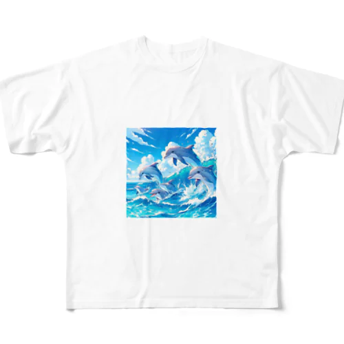 海で遊ぶイルカたちの楽しい風景 フルグラフィックTシャツ