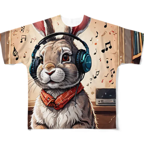 音楽ウサギ フルグラフィックTシャツ
