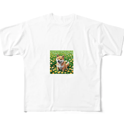 お花畑と柴犬 All-Over Print T-Shirt