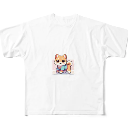 キュートな柴犬キャラクターのマスコット フルグラフィックTシャツ