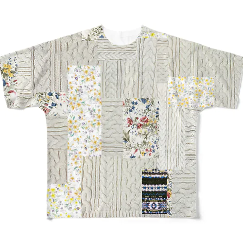 アランニットとお花のグラフィックTシャツ All-Over Print T-Shirt