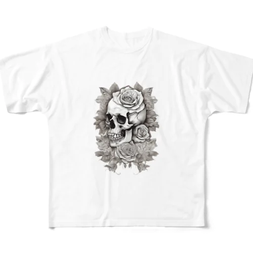 骸骨　薔薇　デザインTシャツ　アート　グラフィック フルグラフィックTシャツ