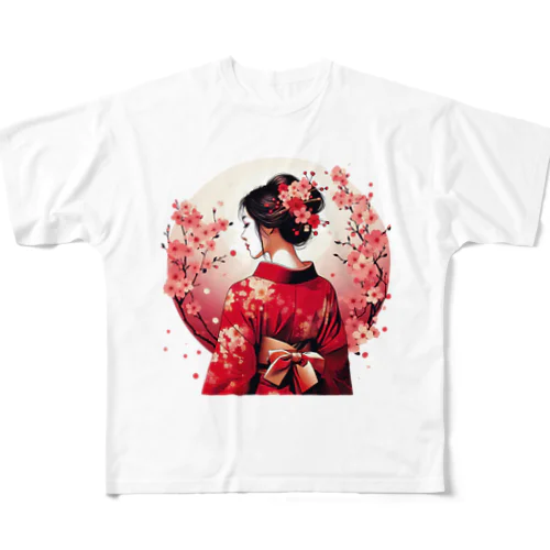 桜を散らした着物美人イラスト All-Over Print T-Shirt