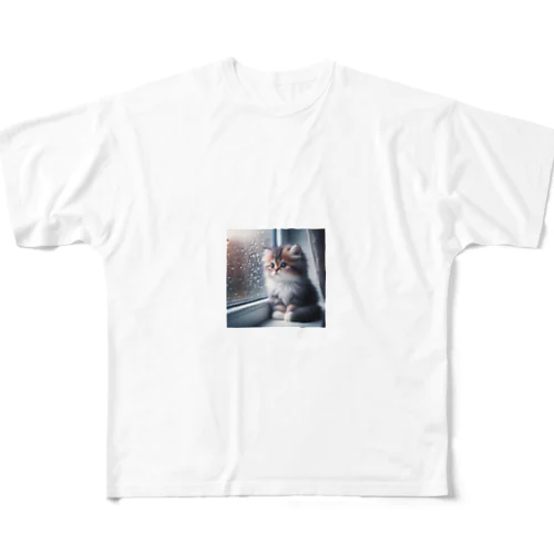 外を見ている子猫 フルグラフィックTシャツ