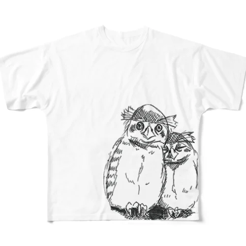 寄り添うフクロウ フルグラフィックTシャツ