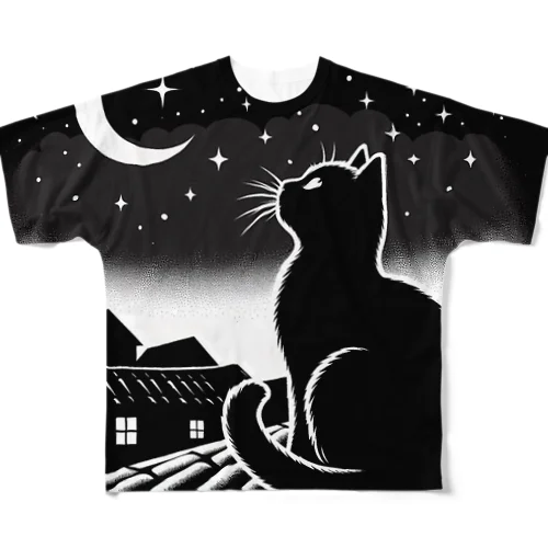 月夜の猫 フルグラフィックTシャツ