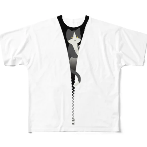 ファスナー猫　ハチワレ猫 All-Over Print T-Shirt