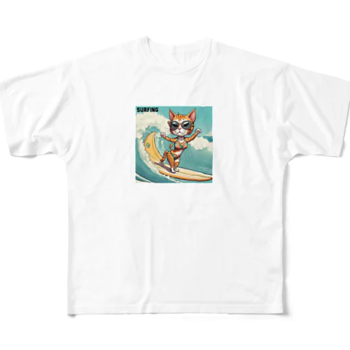 SURFING猫（女の子バージョン） フルグラフィックTシャツ