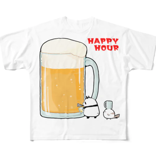 ハッピーアワーでビール祭りを開催するパンダとシマエナガ フルグラフィックTシャツ