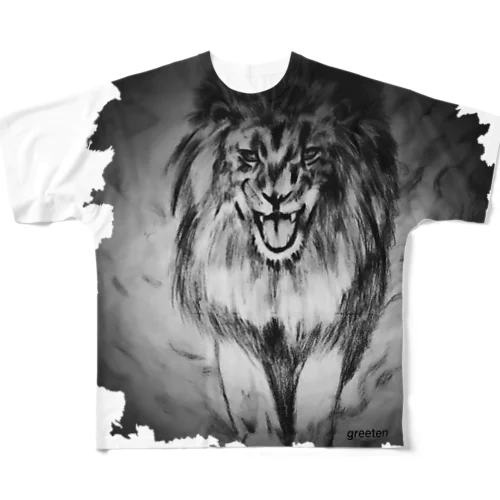 ライオン　アートアニマル　モノクロ フルグラフィックTシャツ