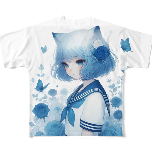 青薔薇と蝶 All-Over Print T-Shirt