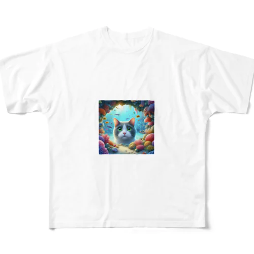 珊瑚に癒される猫 All-Over Print T-Shirt