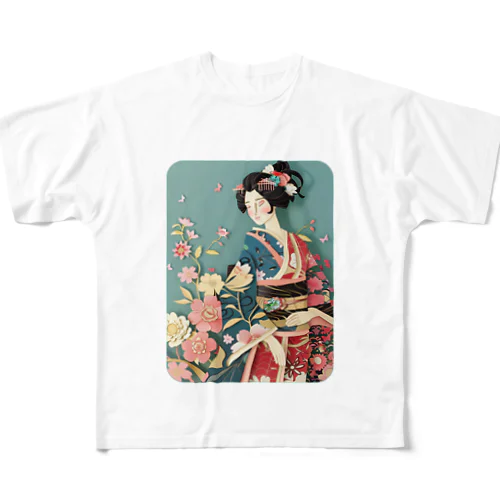 着物女性の切り絵アート　―　Kimono woman paper-cutting art　ー フルグラフィックTシャツ