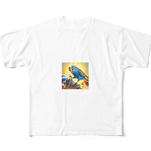 セキセイインコのスニーカー紐ほどきチャレンジ！かわいいインコグッズ All-Over Print T-Shirt