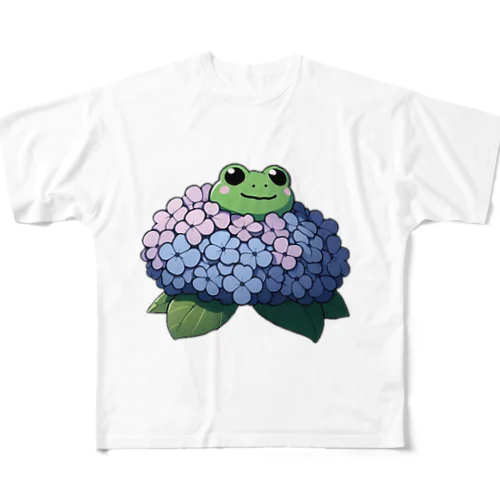 紫陽花の花と可愛いアマガエル🐸 All-Over Print T-Shirt