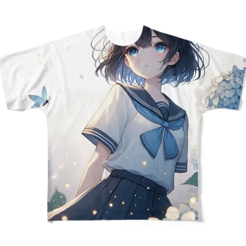 紫陽花と女子高生 フルグラフィックTシャツ