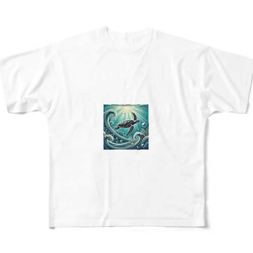 ウミガメと水流 フルグラフィックTシャツ