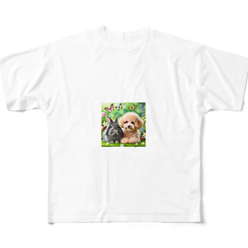 うさぎのネザーランドドワーフと犬のトイプードル フルグラフィックTシャツ
