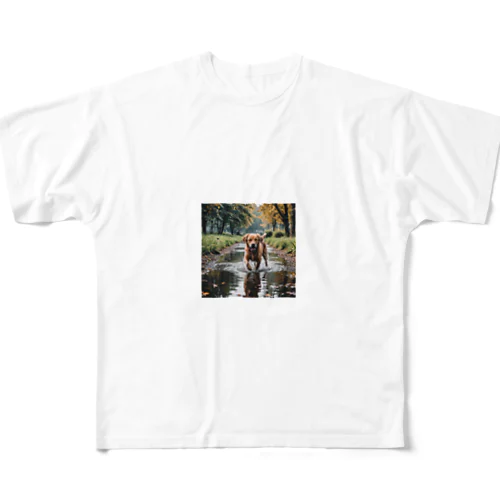 水辺を歩く犬 dog on the water フルグラフィックTシャツ