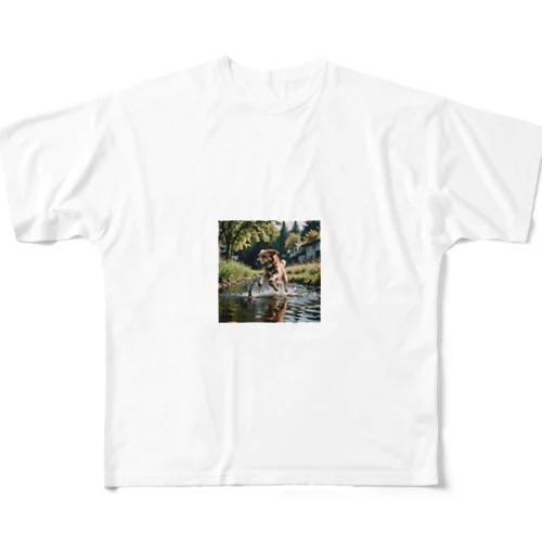 水辺を走る犬 dog runnning on the water All-Over Print T-Shirt