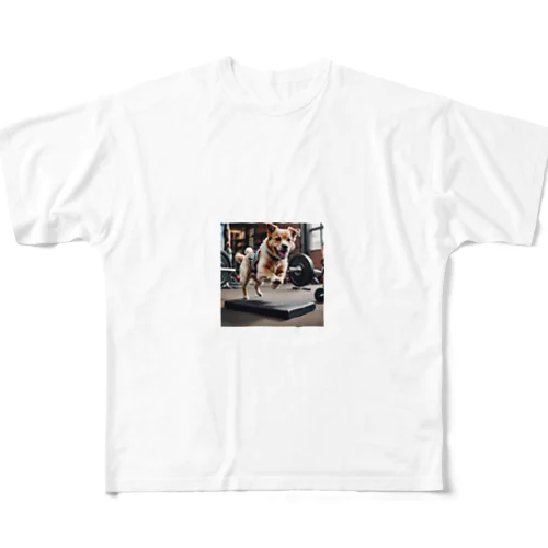 バーベルを飛び跳ねる犬 dog barbel All-Over Print T-Shirt