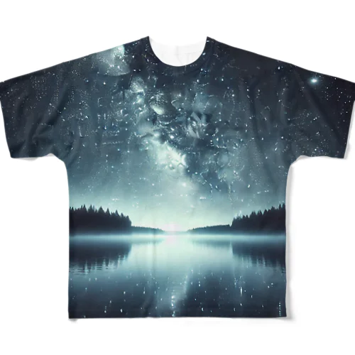 静かな湖に輝く星々が織りなす幻想的な光景 All-Over Print T-Shirt