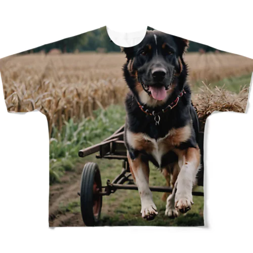 このキュートな写真では、リヤカーを引っ張る愛らしい犬が登場♪  フルグラフィックTシャツ