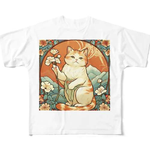 幸運を招いてない猫。花を持ってるだけよね All-Over Print T-Shirt