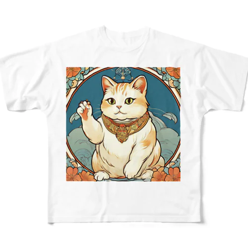 夜のミュシャ風招き猫 フルグラフィックTシャツ