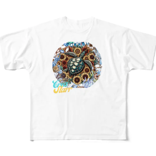ひまわりカメヴィンテージ風珊瑚円形 All-Over Print T-Shirt