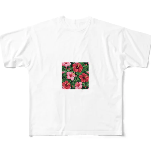 赤色の花ハイビスカス フルグラフィックTシャツ