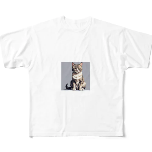 座っている猫 フルグラフィックTシャツ