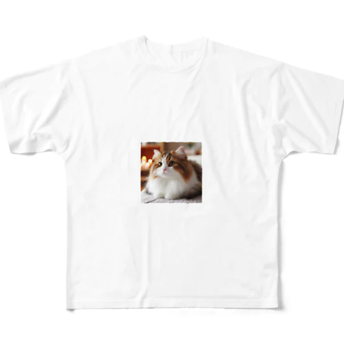 ふわふわの三毛猫 フルグラフィックTシャツ