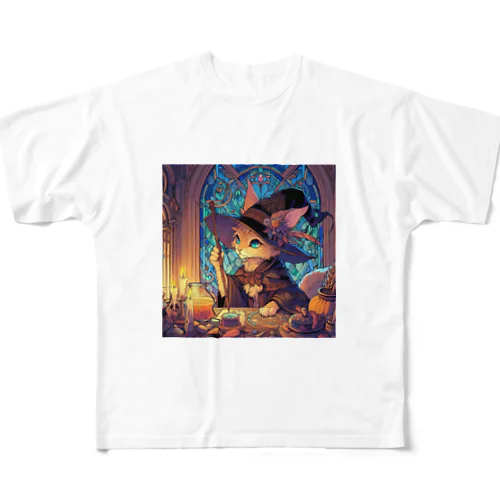 魔法の杖を持った猫 All-Over Print T-Shirt