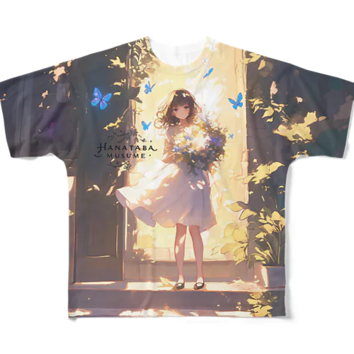 The Girl in the Light with Blue Butterflies in the Garden フルグラフィックTシャツ