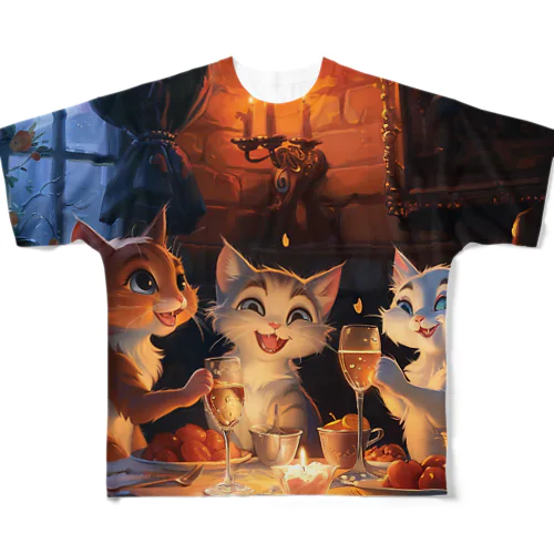 ネコの楽しいディナーニャン　Tomoe bb 2712 フルグラフィックTシャツ