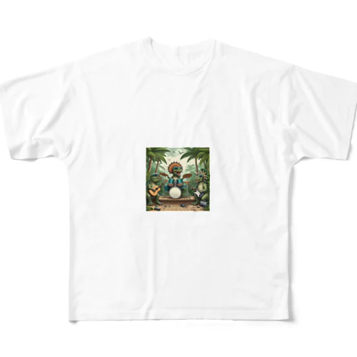 かっこいい恐竜　楽器演奏家 All-Over Print T-Shirt