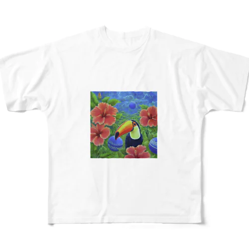 ハイビスカスの花とオニオオハシ All-Over Print T-Shirt