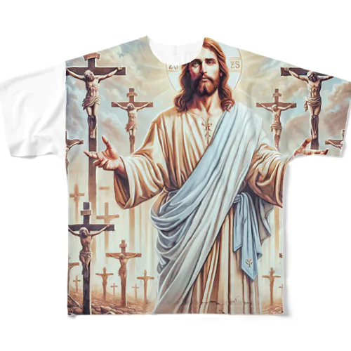 神様と十字架Tシャツ フルグラフィックTシャツ