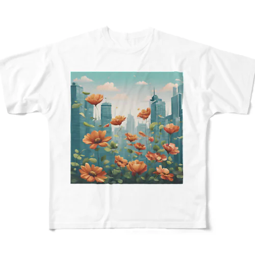 都市の背景に浮かぶ花 フルグラフィックTシャツ