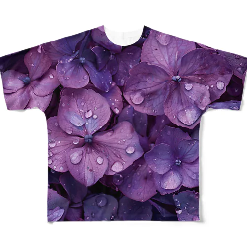 雨に濡れる　紫陽花 フルグラフィックTシャツ