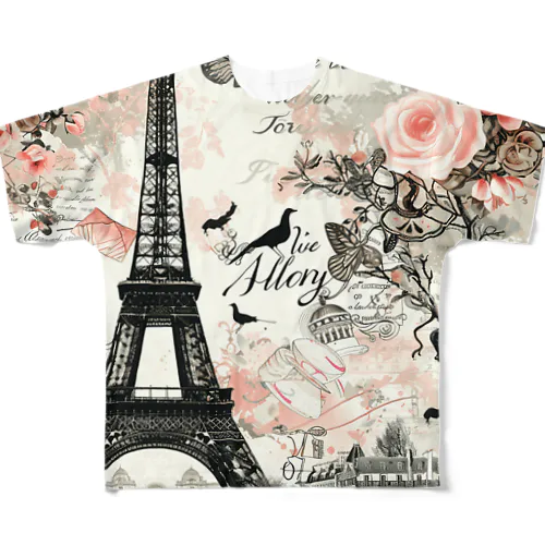 パリ　エッフェル塔　ラブレター　薔薇　蝶々　鳥　綺麗 フルグラフィックTシャツ