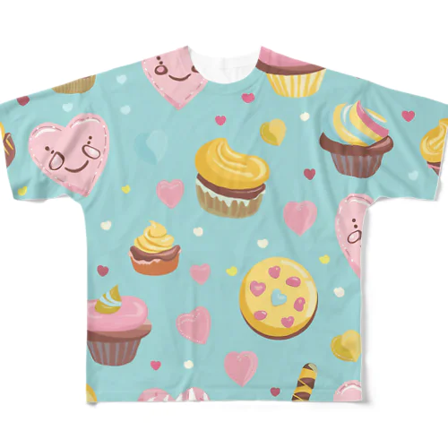 ハート　赤　ピンク　カップケーキ　お菓子　可愛い フルグラフィックTシャツ