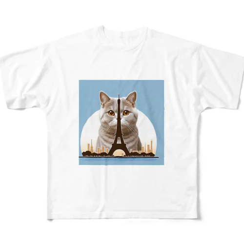 エッフェル塔に隠れた猫 All-Over Print T-Shirt