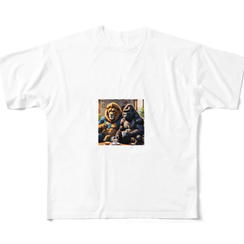 休日のゴリラとライオン All-Over Print T-Shirt
