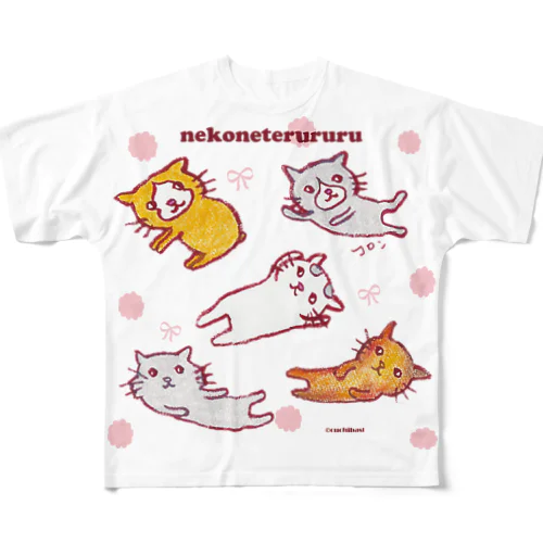 ねこねてるるるガーリーオシャレ風◆ピンク◆ フルグラフィックTシャツ