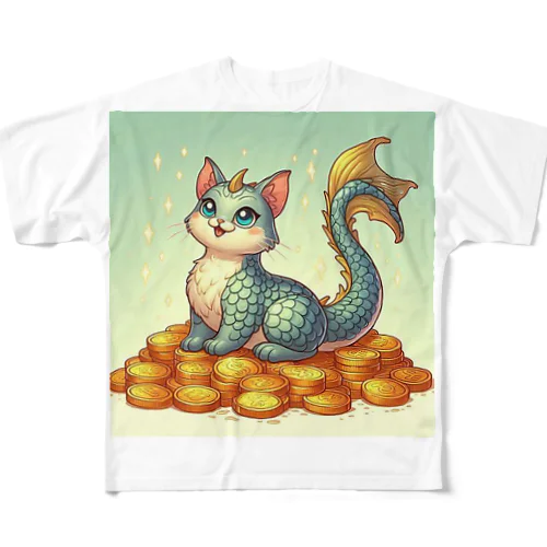 無邪気で愛らしい幸運をもたらす猫のグッズ フルグラフィックTシャツ