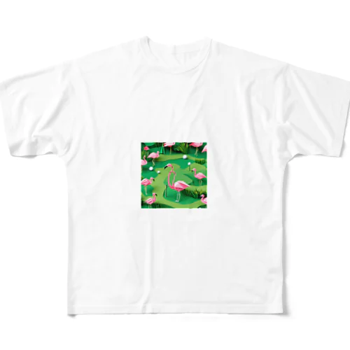 ゴルフをするフラミンゴの折り紙 All-Over Print T-Shirt