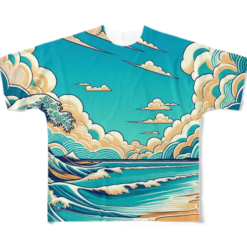 和風柄　浮世絵風　夏の風景画 フルグラフィックTシャツ
