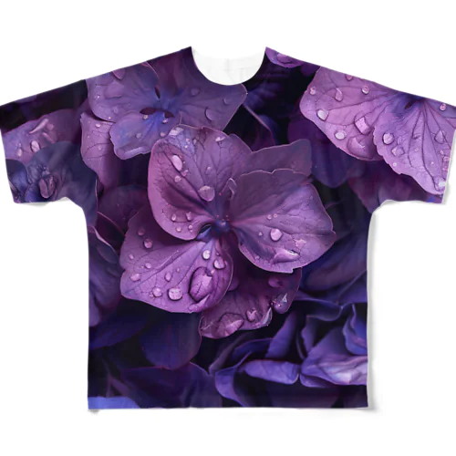 雨に濡れた紫色の紫陽花の花３ All-Over Print T-Shirt